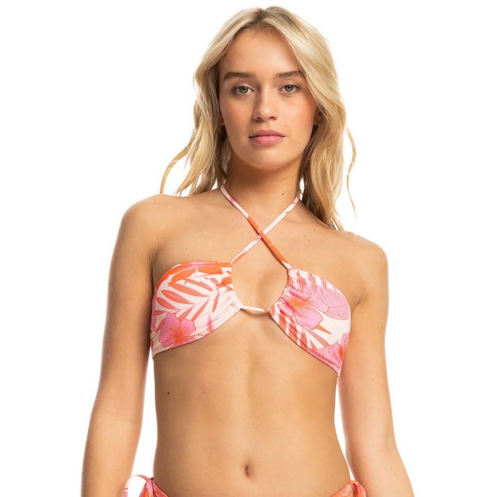 Roxy Bikini Top Women Small Orange Pink Floral Tropical‎ Bandeau Halter NWT